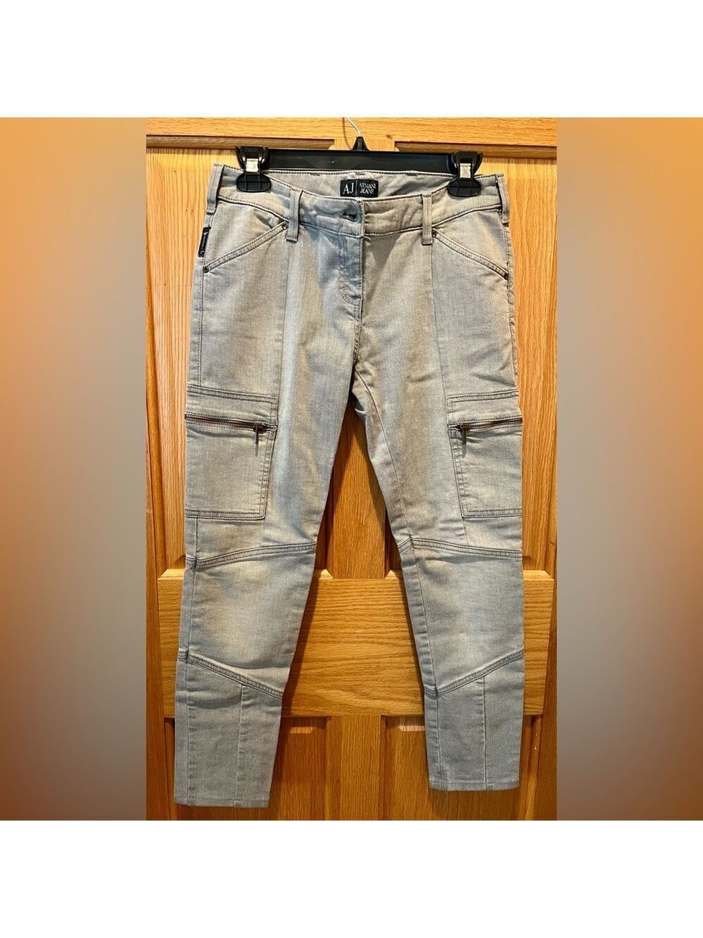 🎉HP🎉AJ Armani Jeans Gray Stretch Denim Skinny Cargo Pants Size 27 Zipper Pockets
